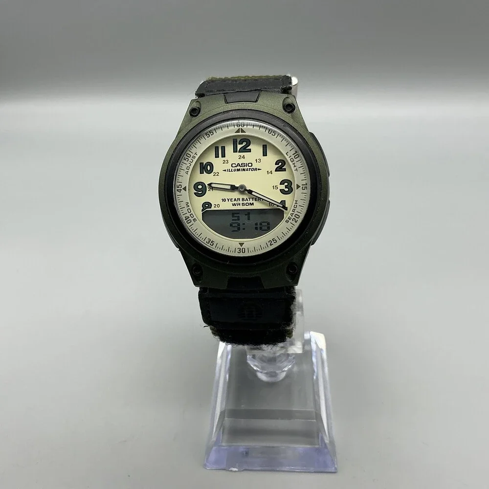 Casio 2747 AW-80 Mens Watch 40mm Beige Dial Green Telememo 30 Illuminator